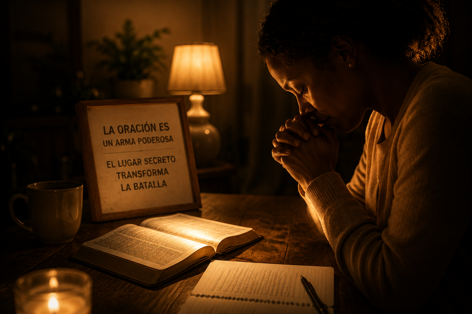 Mujer orando de rodillas junto a su Biblia abierta en el lugar secreto
